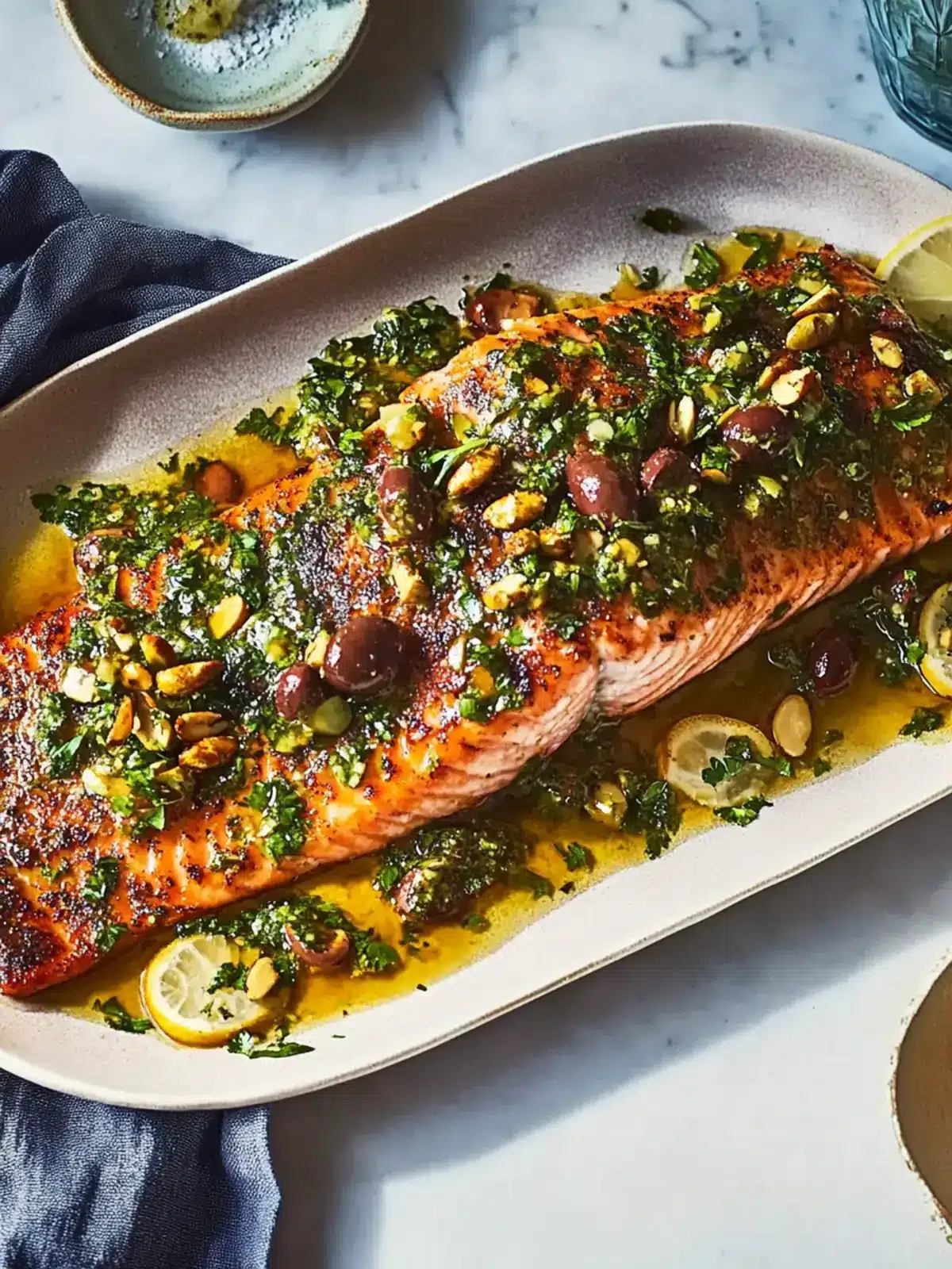 Slow-Roasted Salmon with Walnut-Olive Vinaigrette