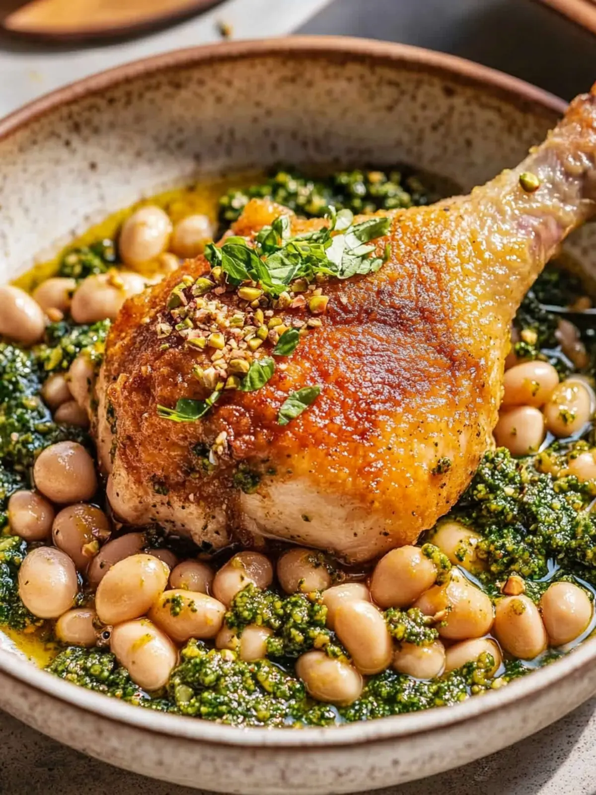 One-Pan Crispy Chicken with Cannellini Beans and Pistachio Pesto