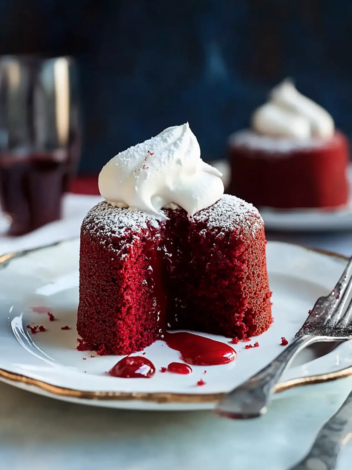Decadent Molten Red Velvet Cakes with Creamy Whipped Topping 3 Molten Red Velvet Cakes