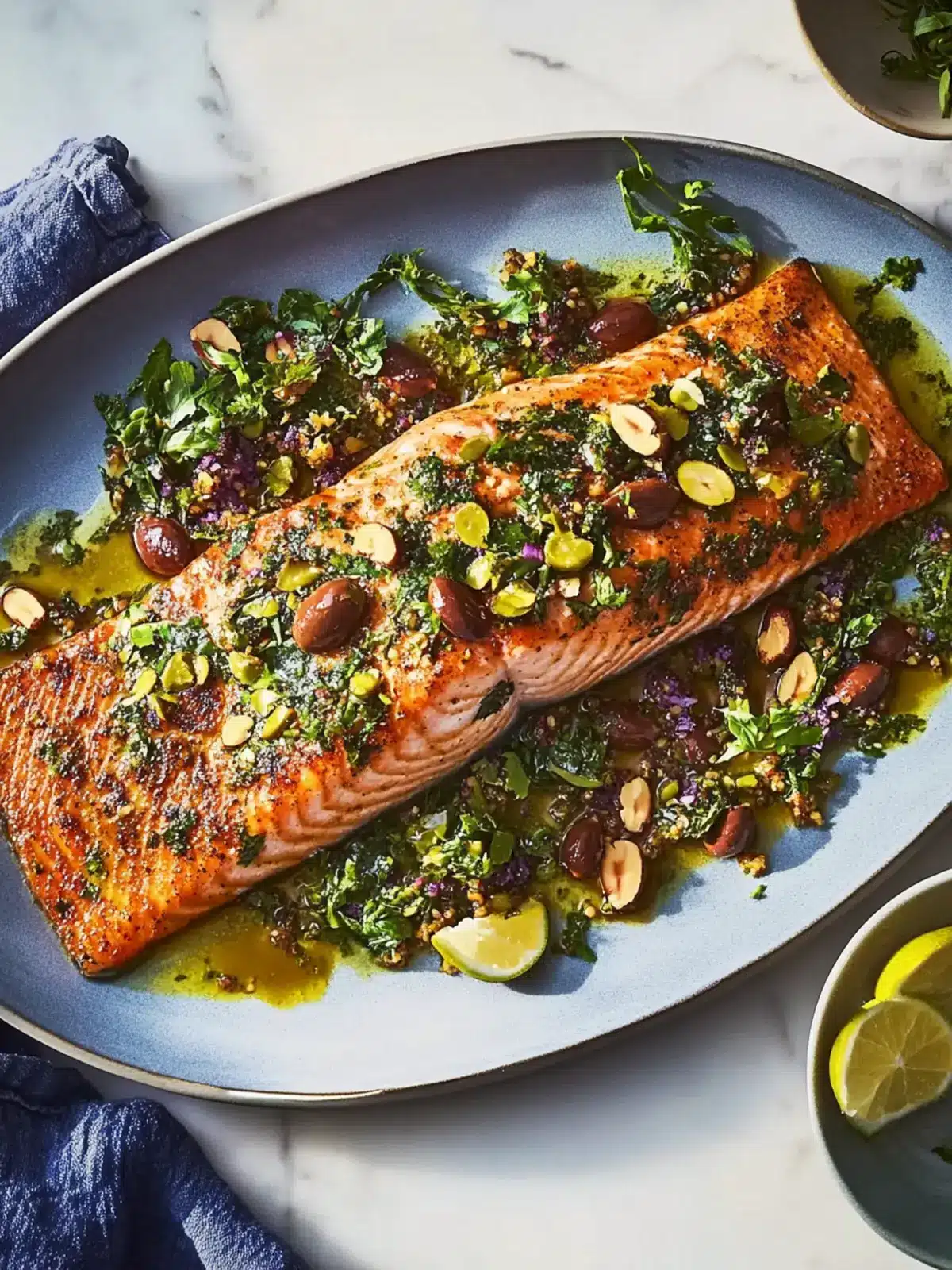 Slow-Roasted Salmon with Walnut-Olive Vinaigrette