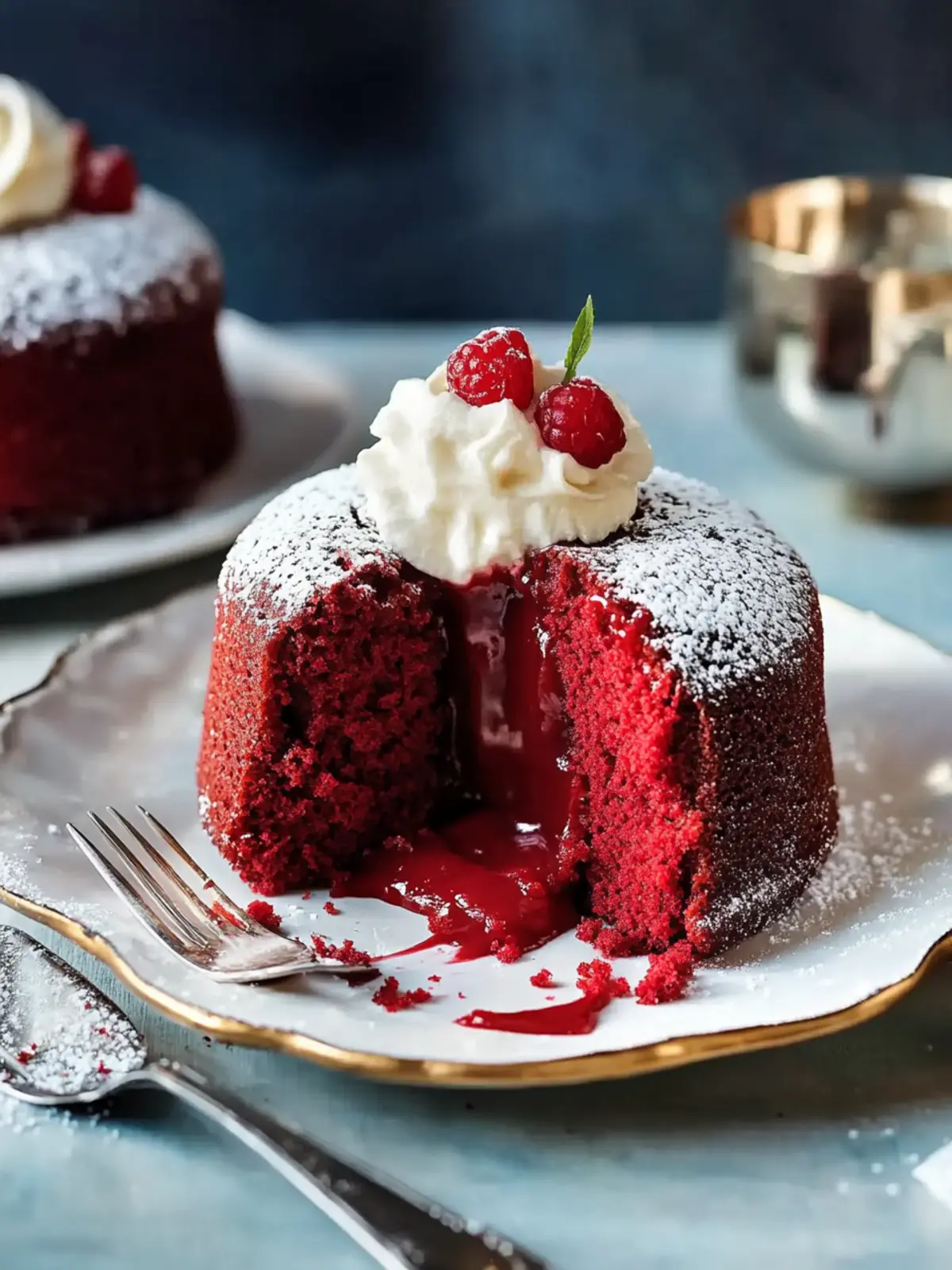 Decadent Molten Red Velvet Cakes with Creamy Whipped Topping 4 Molten Red Velvet Cakes