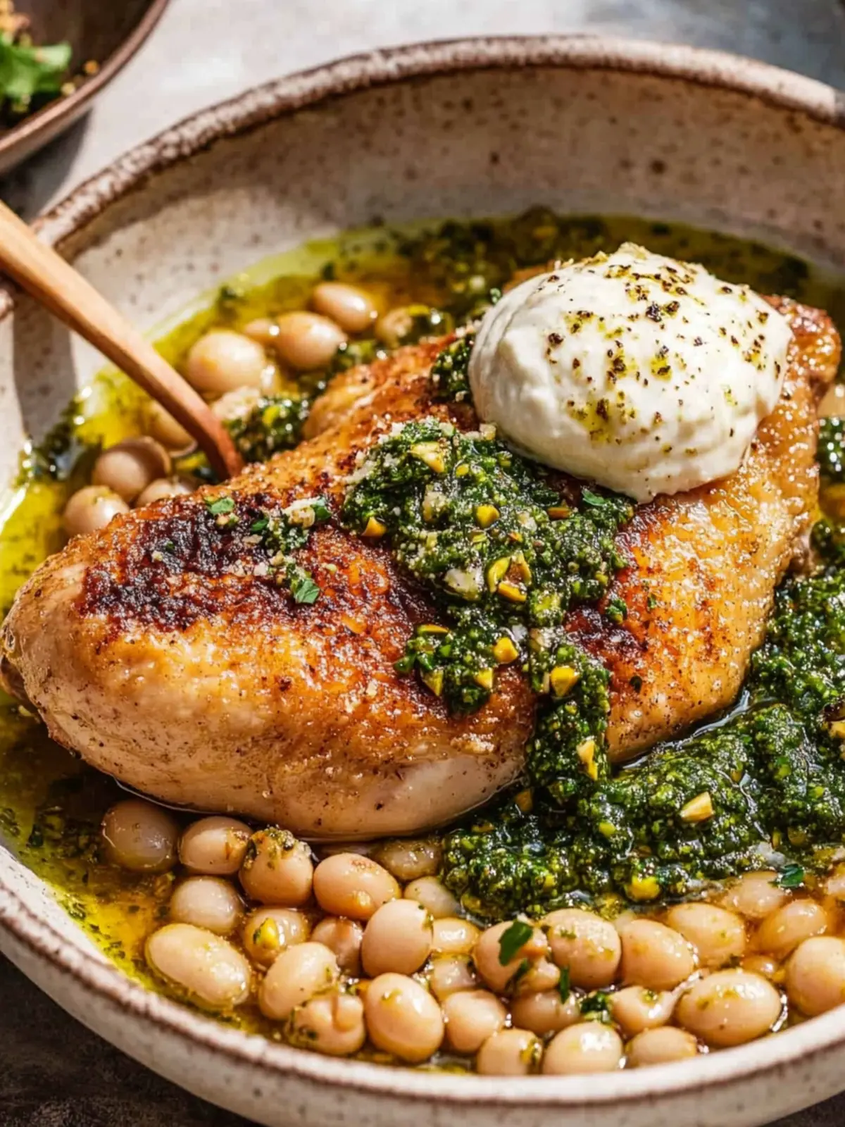 One-Pan Crispy Chicken with Cannellini Beans and Pistachio Pesto