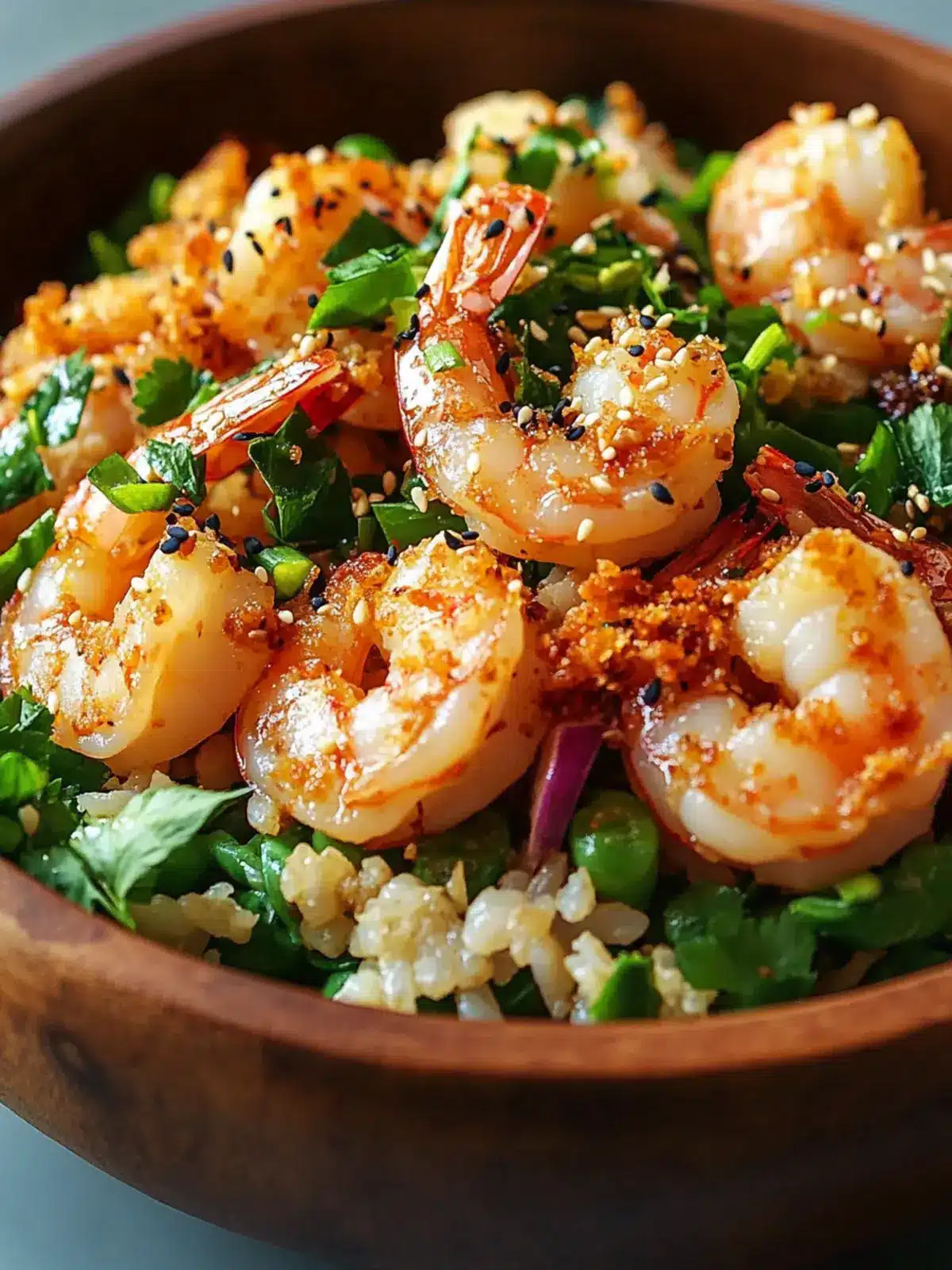 Garlic Shrimp Salad with Crispy Rice & Sesame Dressing