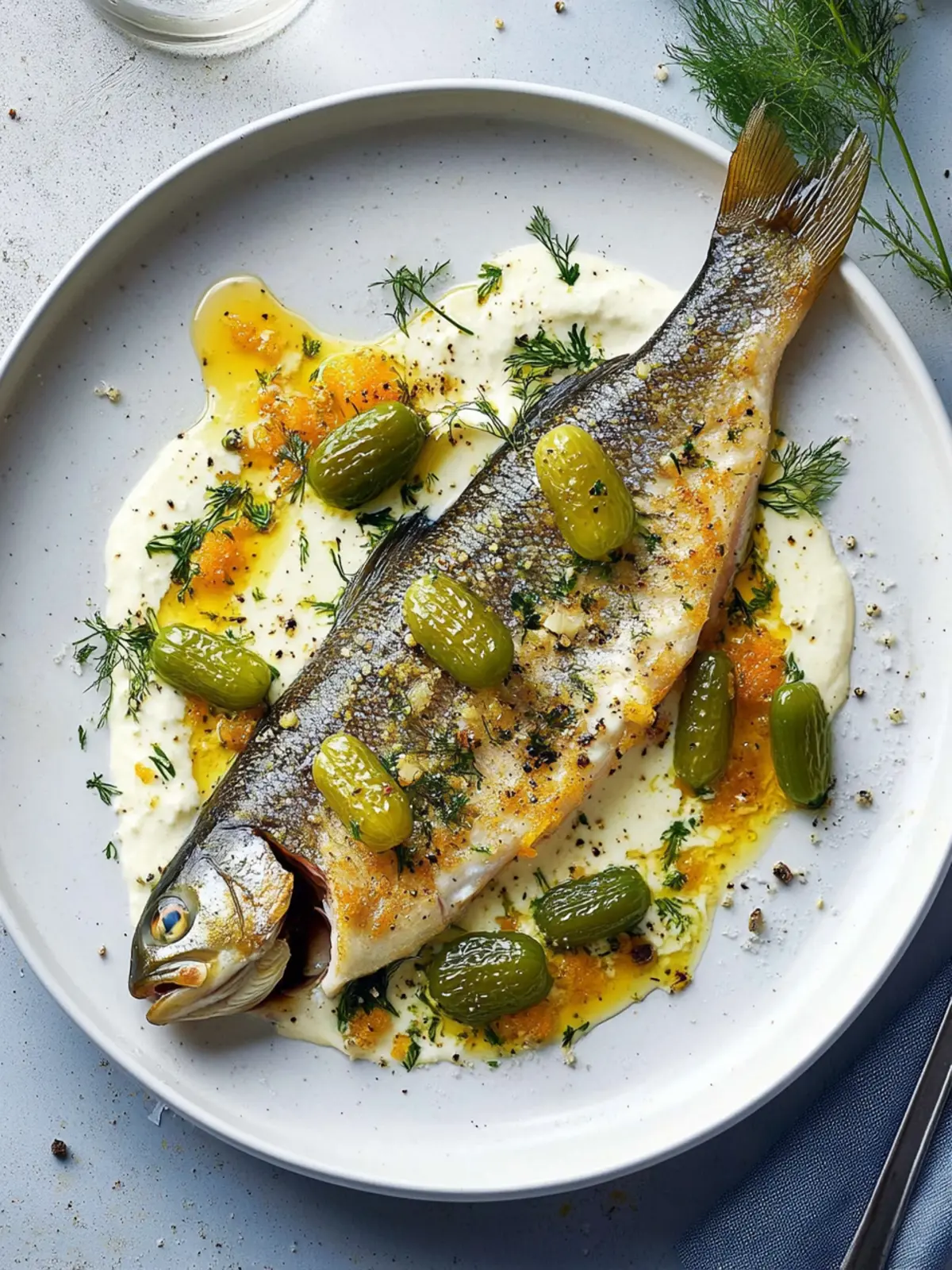 Trout with Crème Fraîche and Brined Gherkins