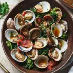 Clams with Broccoli Rabe and Crispy Prosciutto in Tomato-Wine Sauce