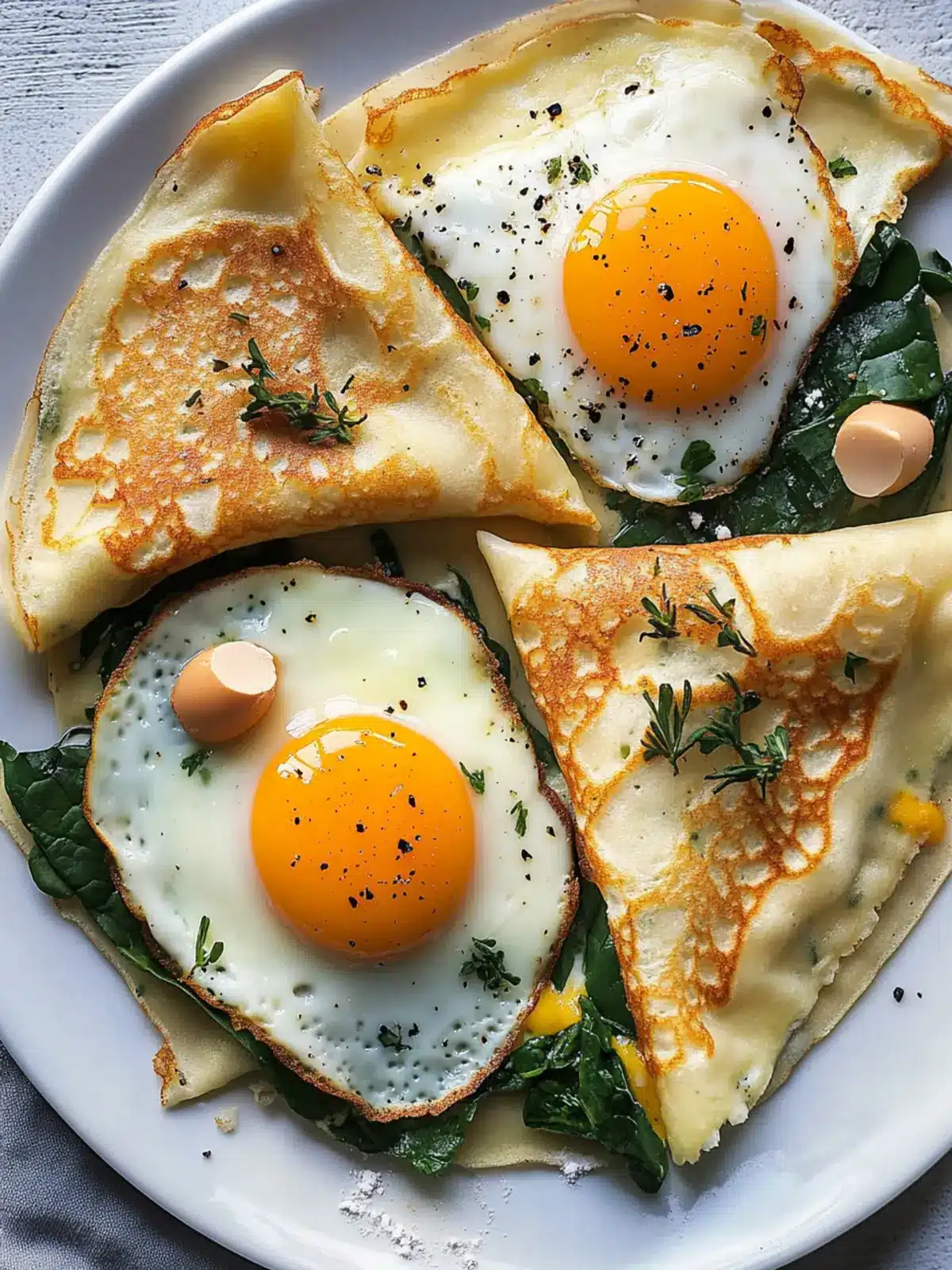Irresistible Savory Crepes with Cheese, Spinach, and Egg Delight 2 Savory Crepes with Cheese, Spinach, and a Fried Egg