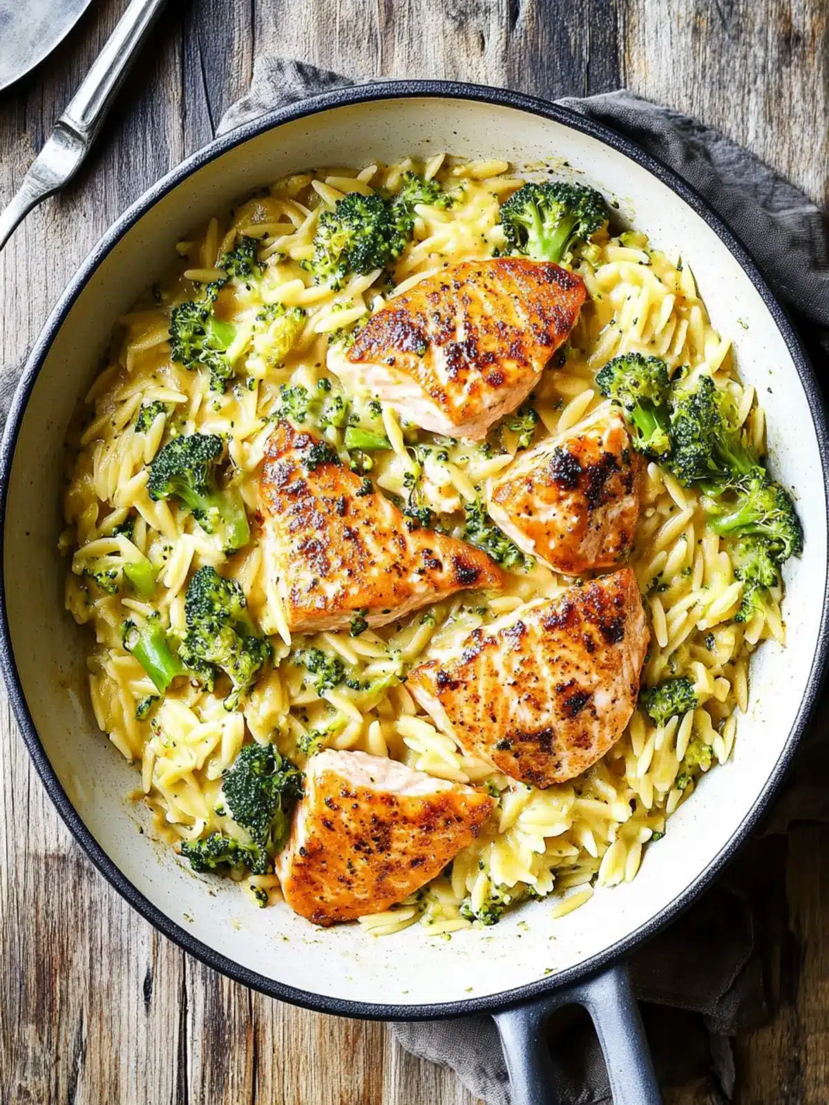 One Pot Broccoli Cheddar Salmon Orzo