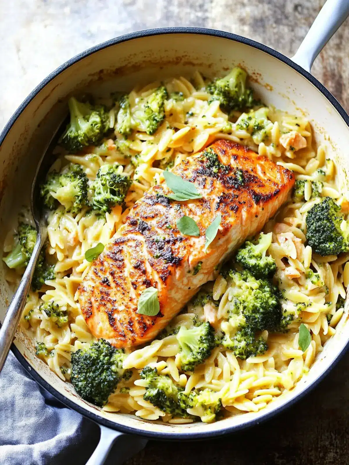 One Pot Broccoli Cheddar Salmon Orzo