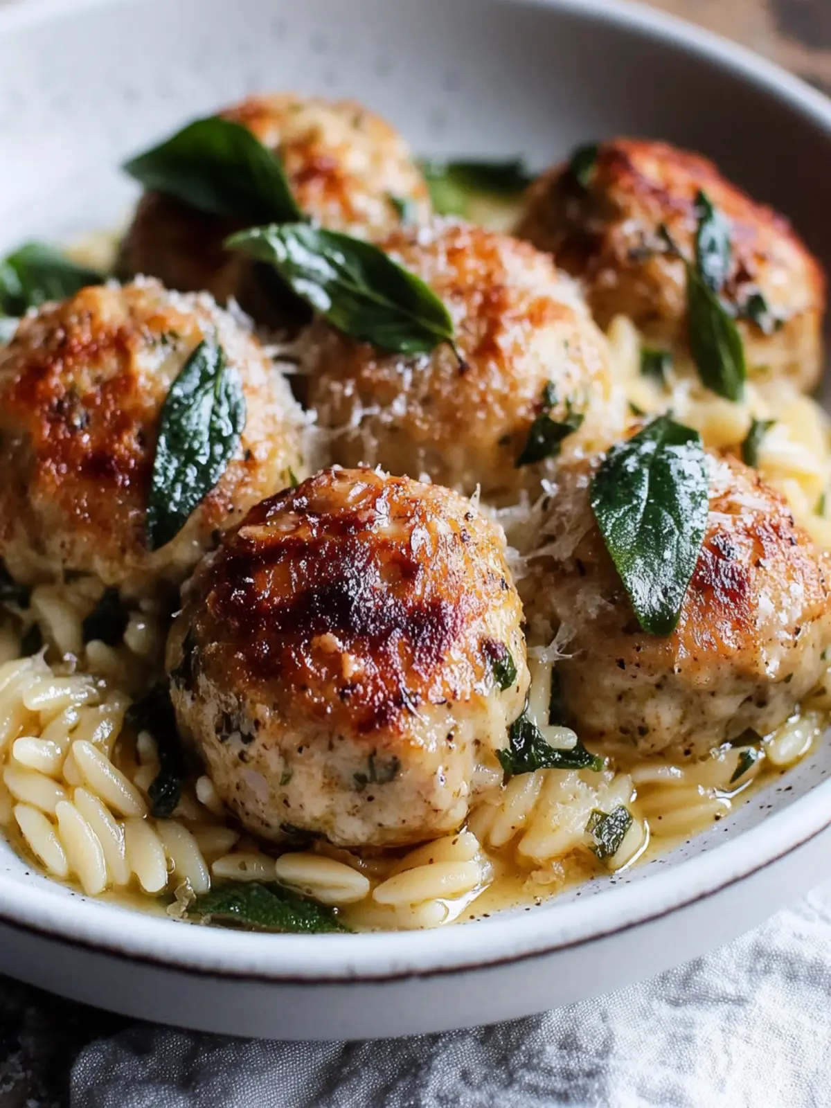 Savor Baked Sage Chicken Meatballs with Creamy Parmesan Orzo 5 Baked Sage Chicken Meatballs with Parmesan Orzo