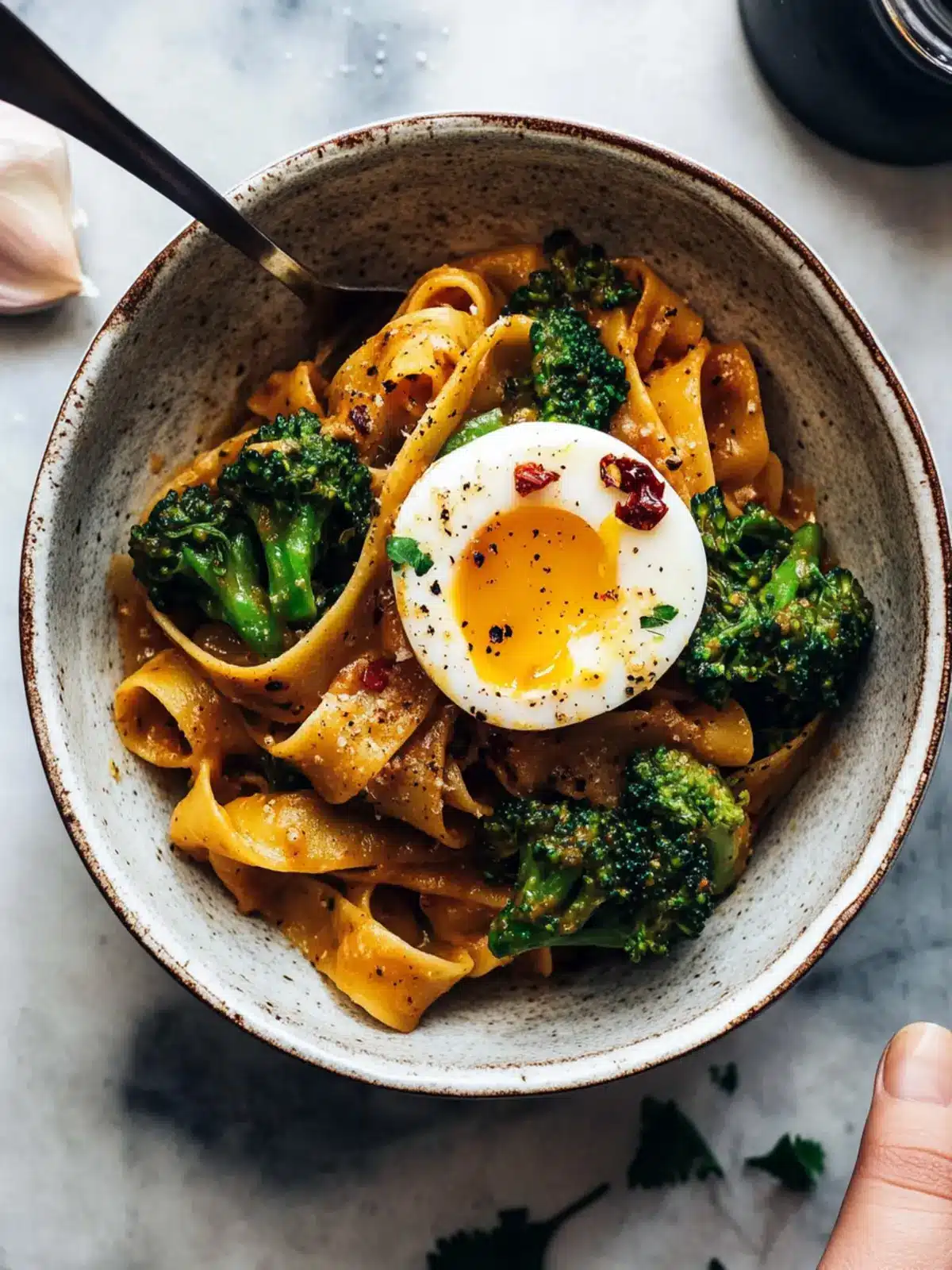 Chili Garlic Pappardelle with Smashed Broccoli and Soft Eggs