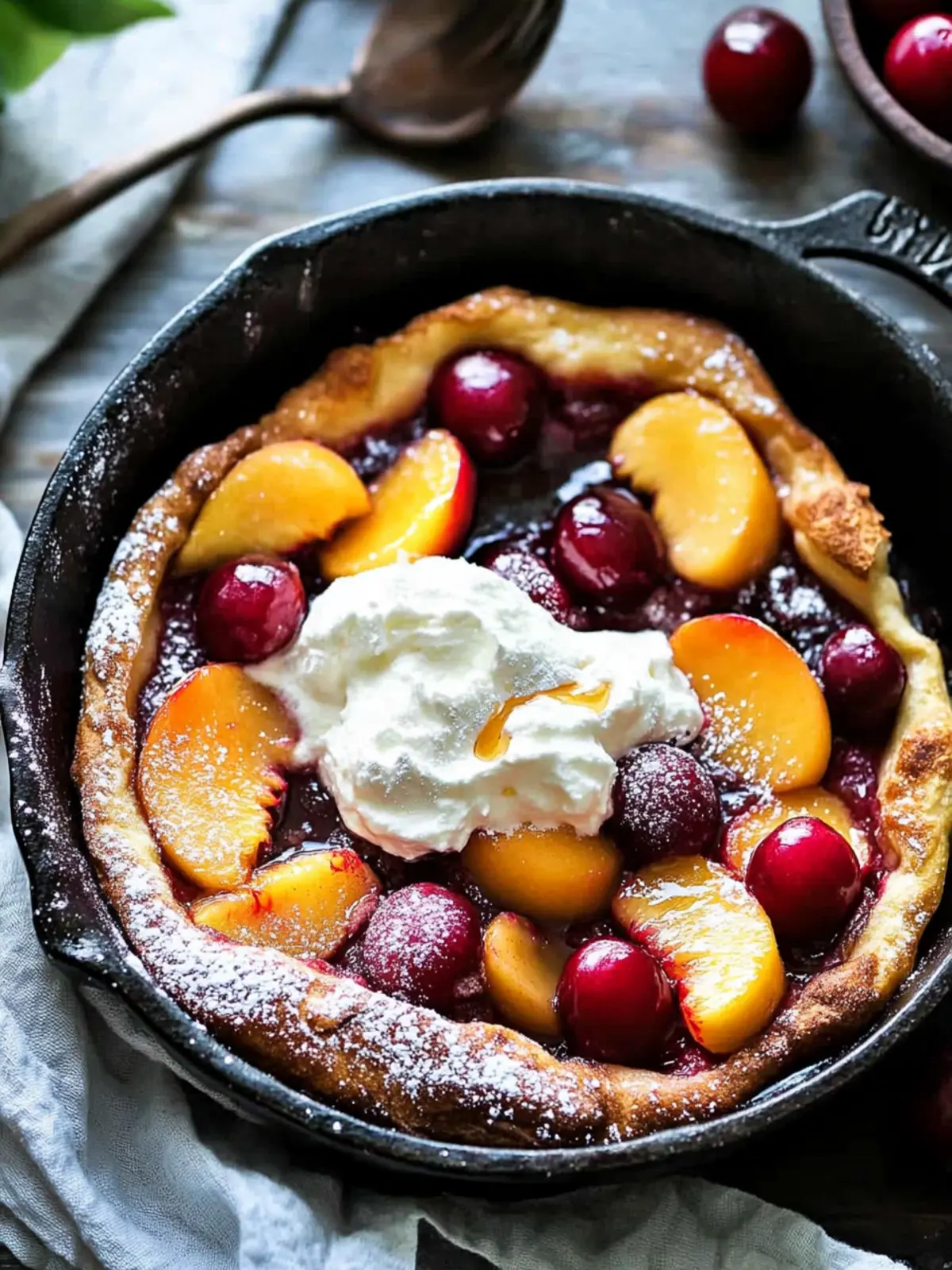 Delicious Cherry Peach Dutch Baby with Honey Whipped Cream 2 Cherry Peach Dutch Baby with Honey Whipped Cream