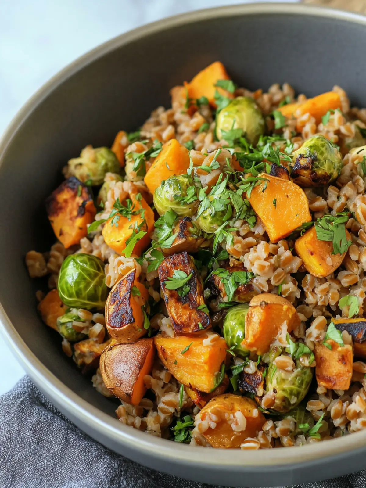 Warm Farro Salad with Sweet Potatoes and Brussels Sprouts Delight 2 Warm Farro Salad with Sweet Potatoes and Brussels Sprouts
