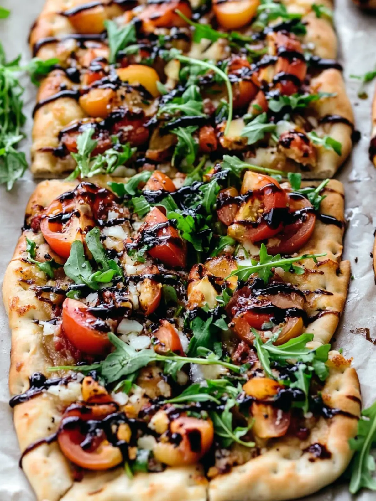 Vegan Bruschetta and Arugula Flatbread Pizza with a Balsamic Glaze