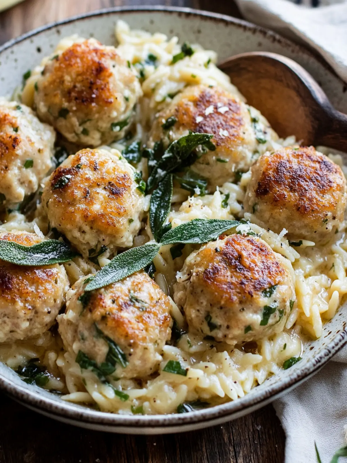 Savor Baked Sage Chicken Meatballs with Creamy Parmesan Orzo 4 Baked Sage Chicken Meatballs with Parmesan Orzo