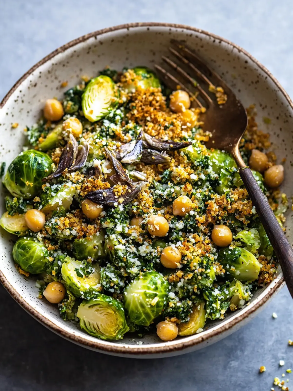 Irresistible Brussels Sprout Salad with Anchovy Tahini & Crispy Chickpeas 2 Brussel Sprout Salad with Anchovy Tahini & Za'atar Chickpeas
