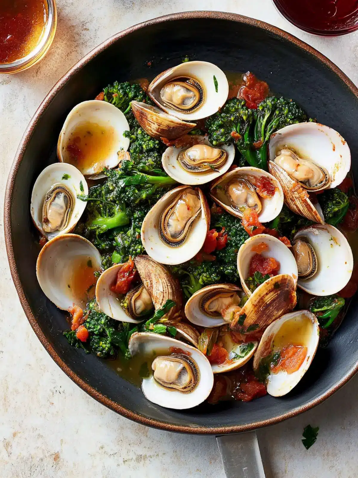 Clams with Broccoli Rabe and Crispy Prosciutto in Tomato-Wine Sauce