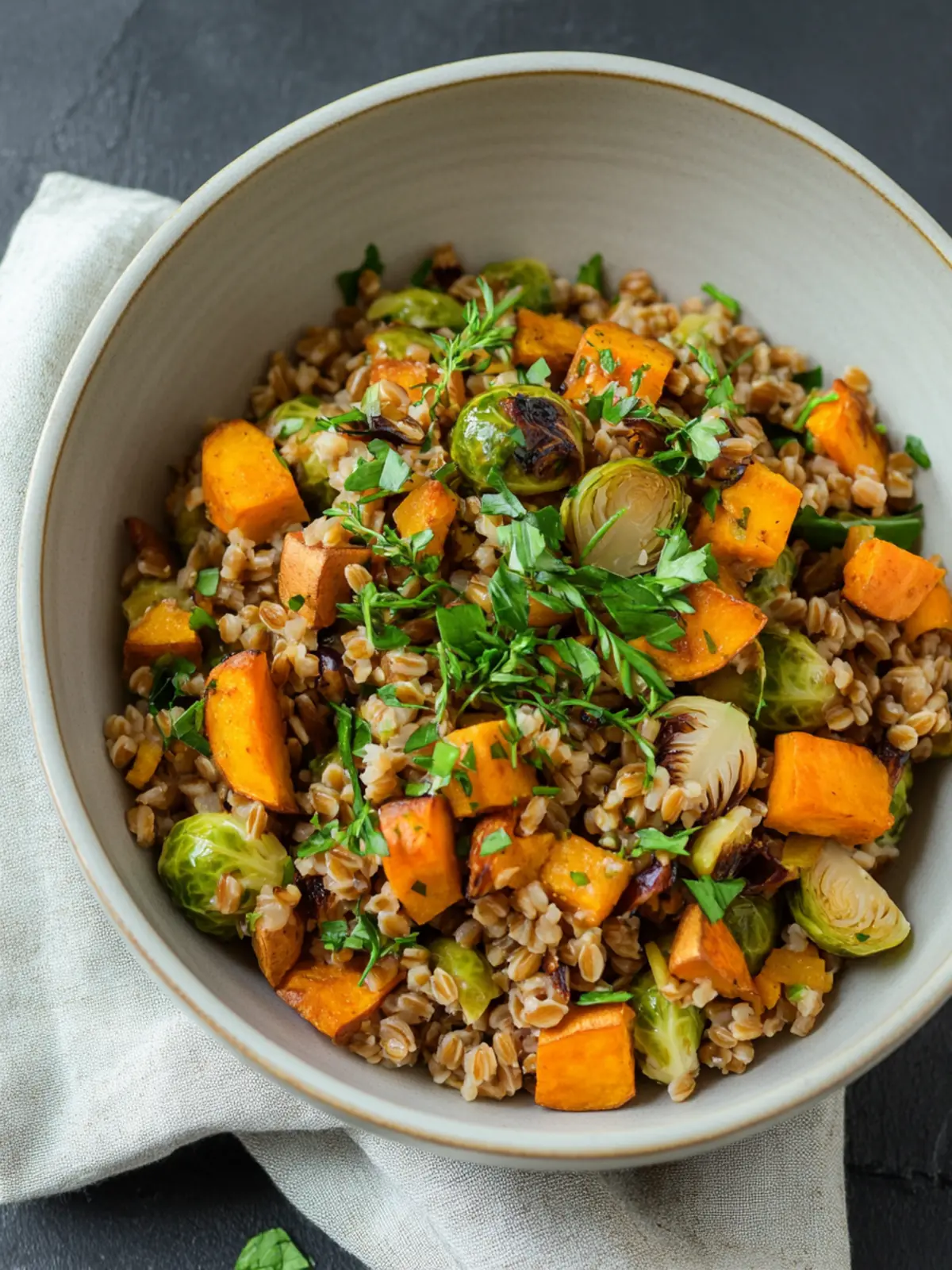 Warm Farro Salad with Sweet Potatoes and Brussels Sprouts Delight 4 Warm Farro Salad with Sweet Potatoes and Brussels Sprouts