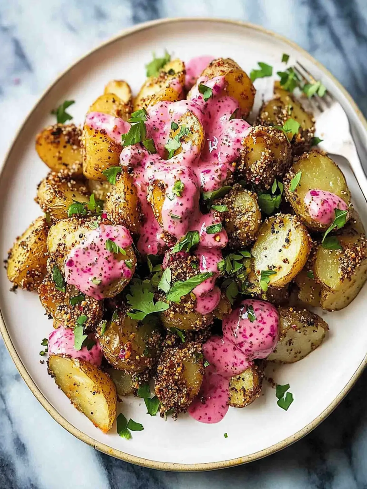 Crispy Dukkah Potatoes with Aioli and Pink Tahini Sauce
