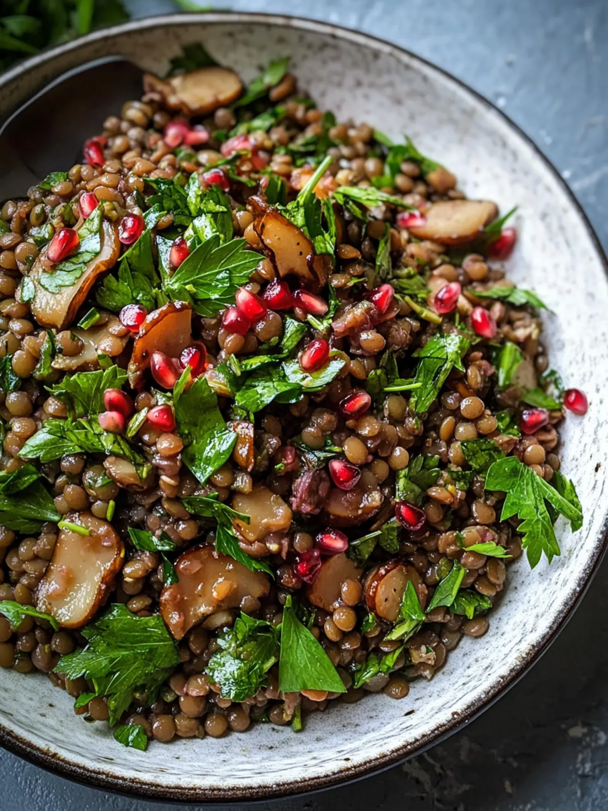 French Lentil, Maitake & Herb Salad with Pomegranate Molasses