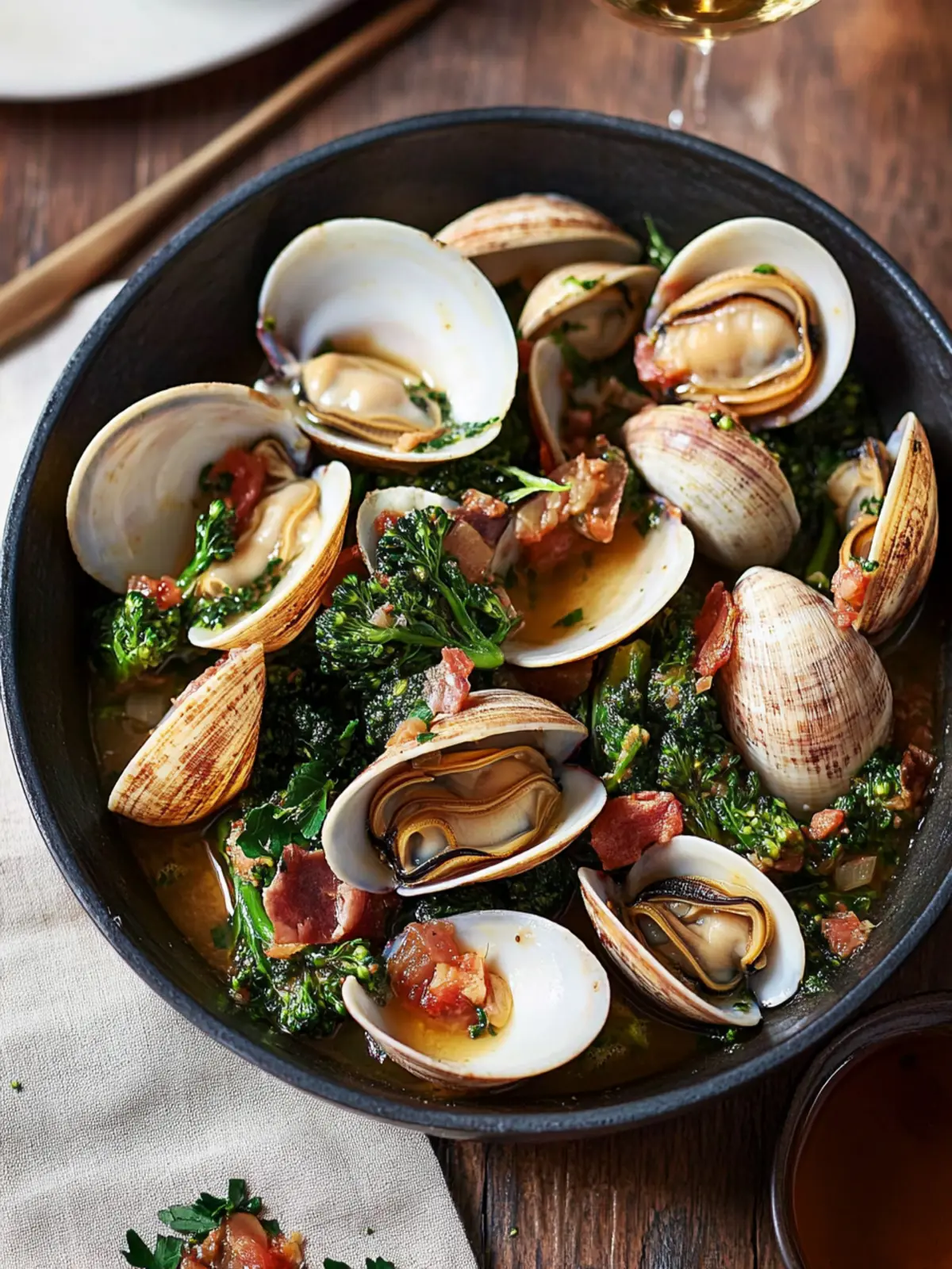 Clams with Broccoli Rabe and Crispy Prosciutto in Tomato-Wine Sauce