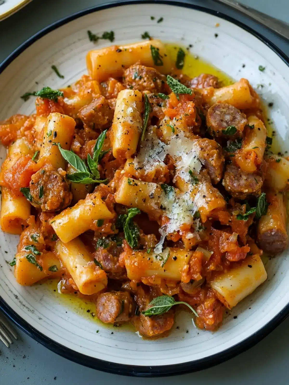 Creamy Tomato, Sausage & Fennel Mezze Maniche