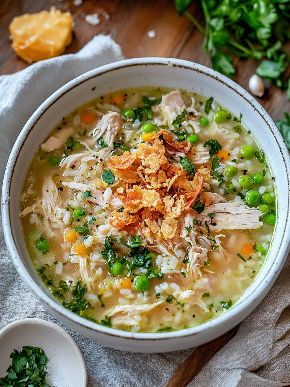 Delicious Chicken and Rice Soup with Crispy Garlic Butter Delight 2 Chicken and Rice Soup with Crispy Garlic Butter