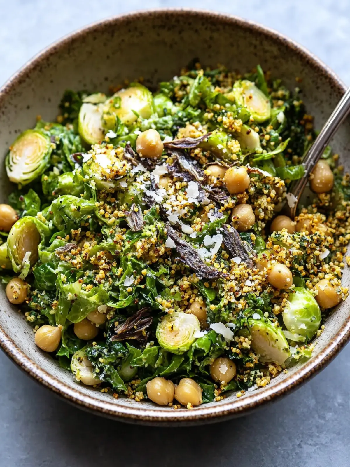 Irresistible Brussels Sprout Salad with Anchovy Tahini & Crispy Chickpeas 4 Brussel Sprout Salad with Anchovy Tahini & Za'atar Chickpeas
