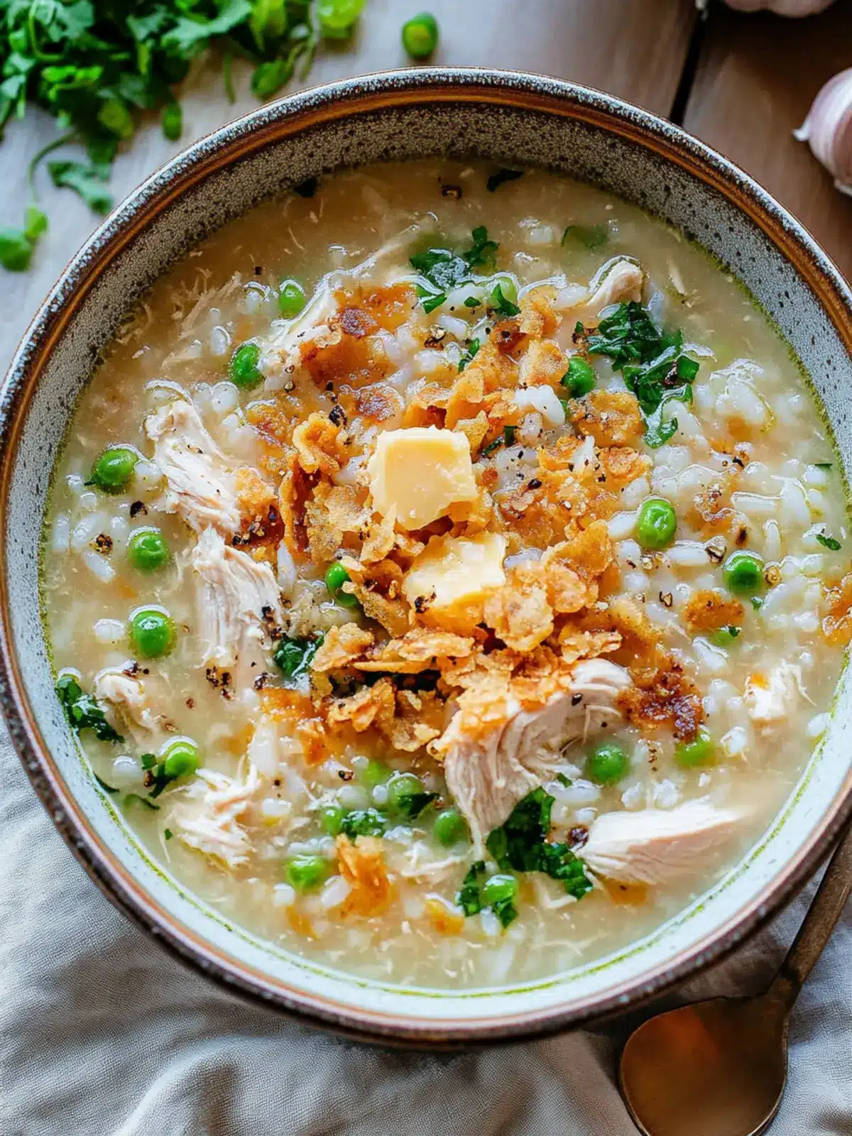 Delicious Chicken and Rice Soup with Crispy Garlic Butter Delight 5 Chicken and Rice Soup with Crispy Garlic Butter