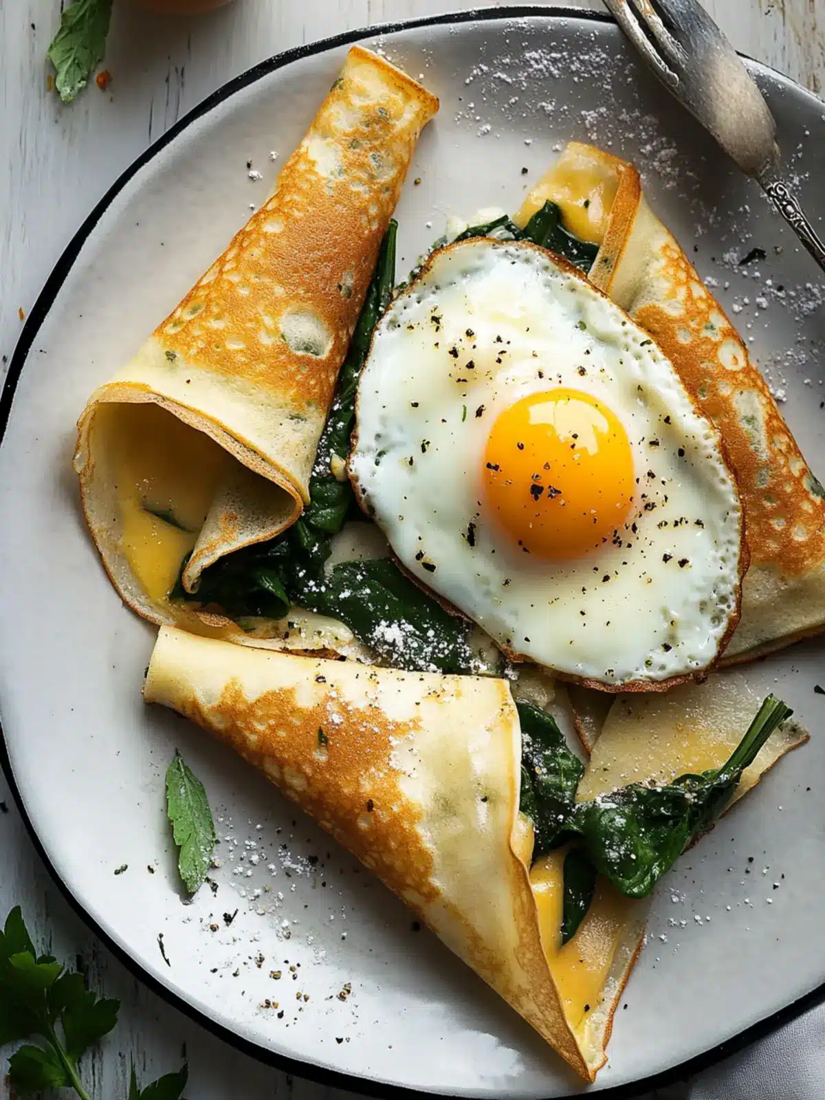 Irresistible Savory Crepes with Cheese, Spinach, and Egg Delight 4 Savory Crepes with Cheese, Spinach, and a Fried Egg