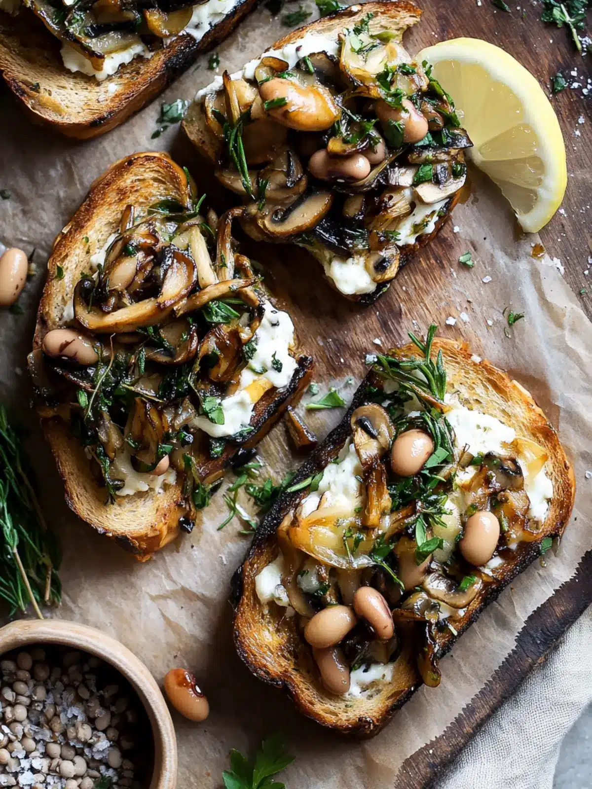 Lemony Mushroom Mascarpone Toast with Beans & Herbs