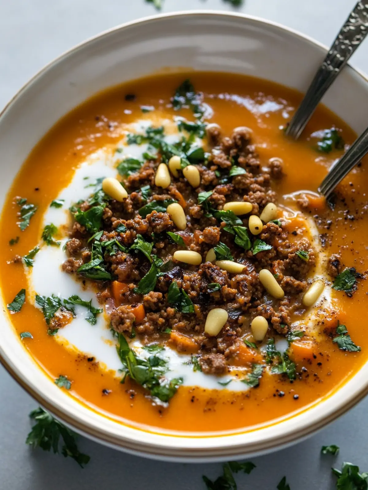 Carrot Soup with Spiced Ground Beef and Pine Nuts