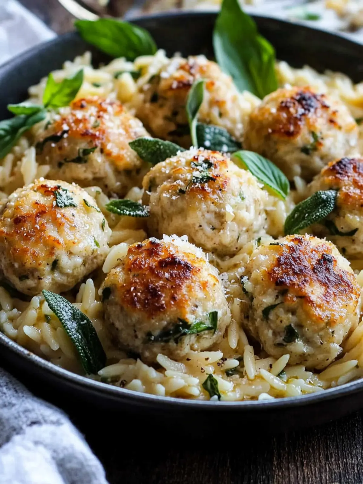 Savor Baked Sage Chicken Meatballs with Creamy Parmesan Orzo 2 Baked Sage Chicken Meatballs with Parmesan Orzo