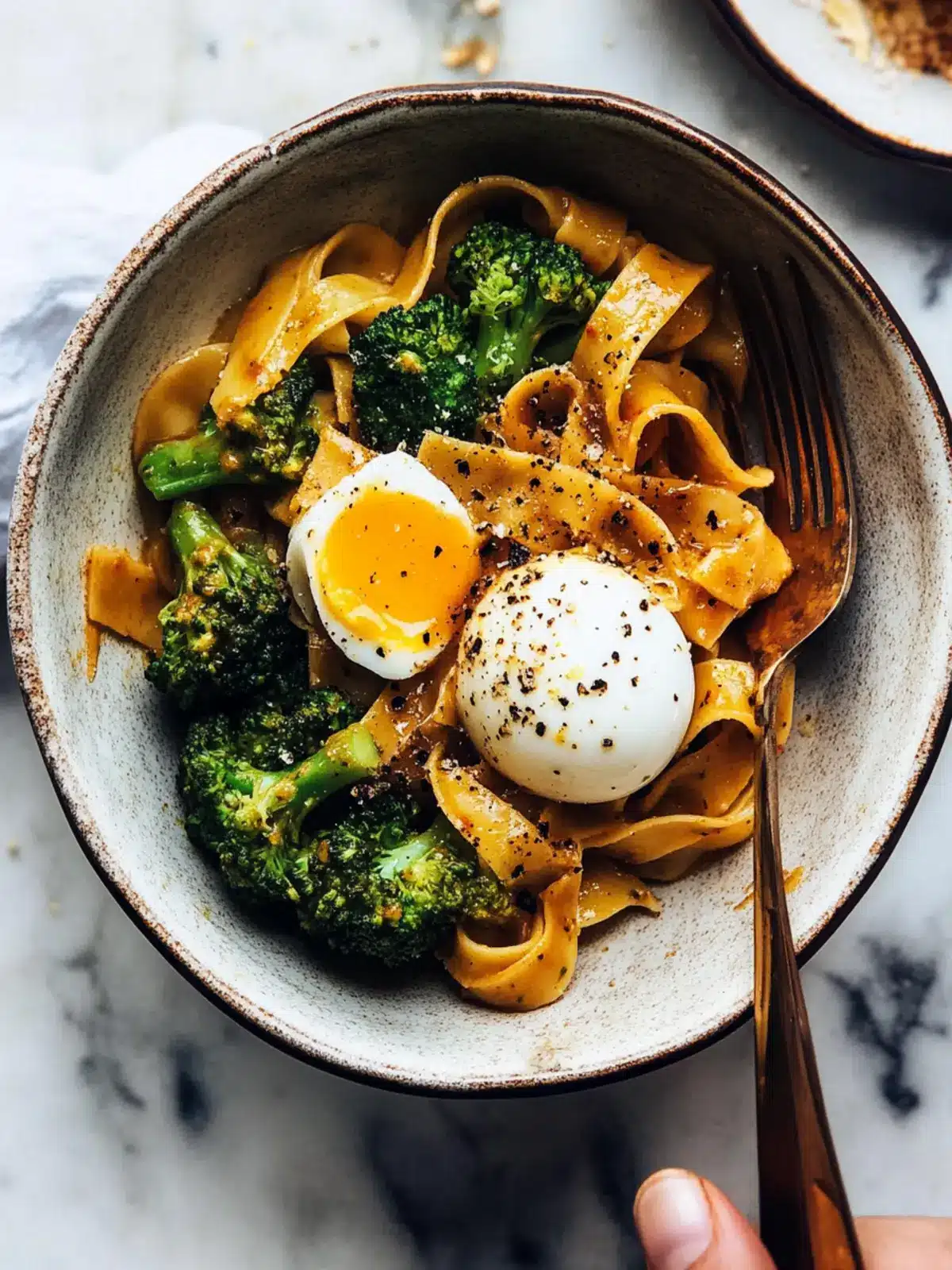 Chili Garlic Pappardelle with Smashed Broccoli and Soft Eggs