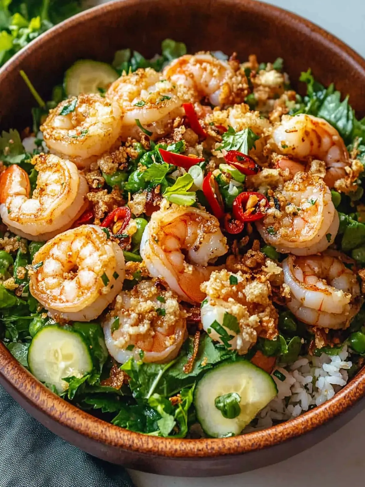 Garlic Shrimp Salad with Crispy Rice & Sesame Dressing