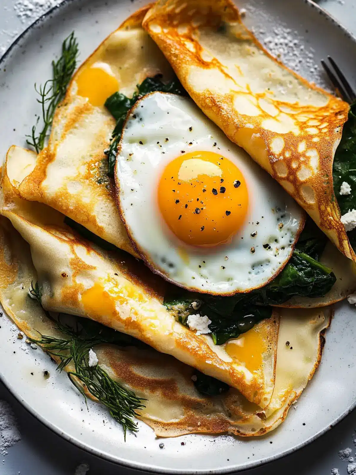 Irresistible Savory Crepes with Cheese, Spinach, and Egg Delight 3 Savory Crepes with Cheese, Spinach, and a Fried Egg