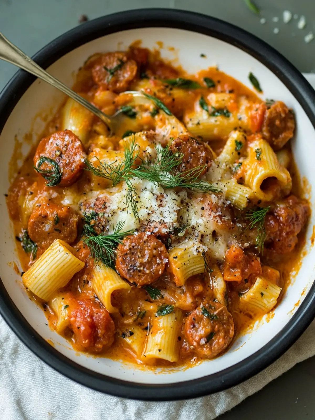 Creamy Tomato, Sausage & Fennel Mezze Maniche