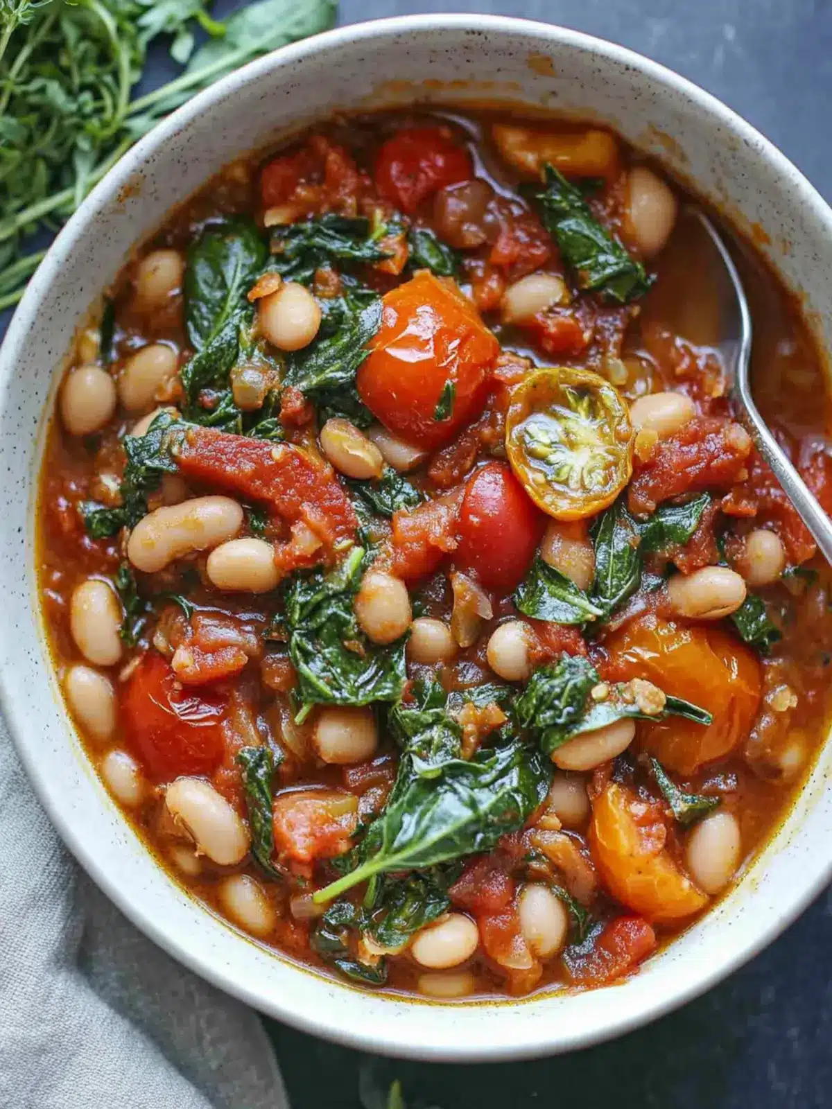 Roasted Tomato, White Bean and Spinach Stew