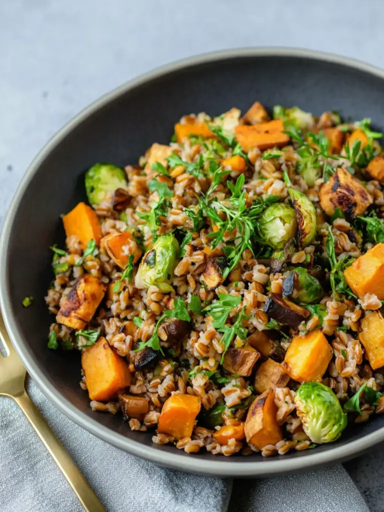 Warm Farro Salad with Sweet Potatoes and Brussels Sprouts