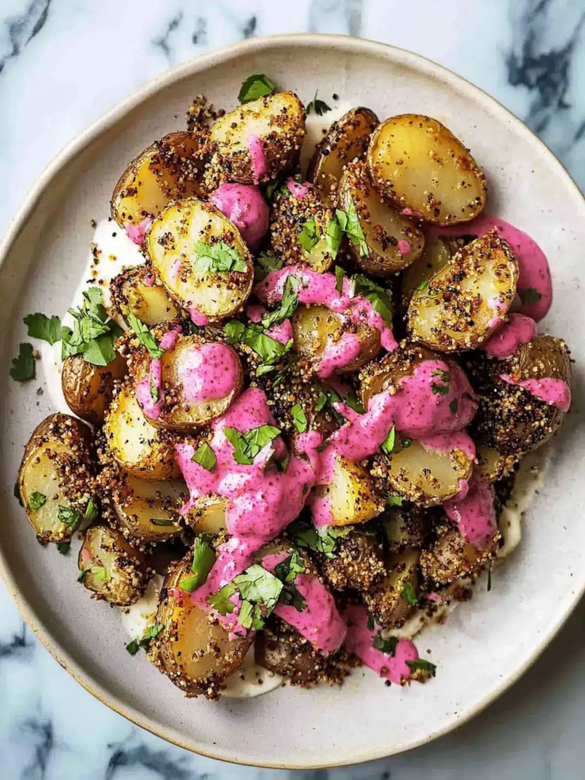 Crispy Dukkah Potatoes with Aioli and Pink Tahini Sauce