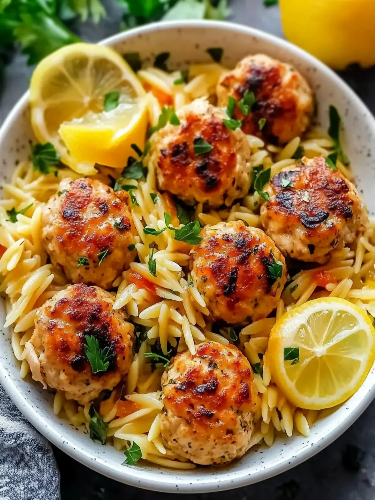 Savory Greek Chicken Meatballs with Zesty Lemon Orzo Delight 2 Greek Chicken Meatballs with Lemon Orzo