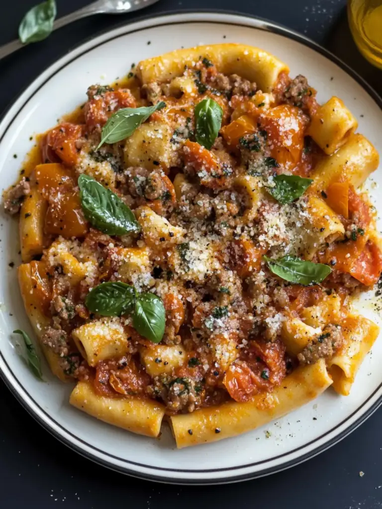 Creamy Tomato, Sausage & Fennel Mezze Maniche