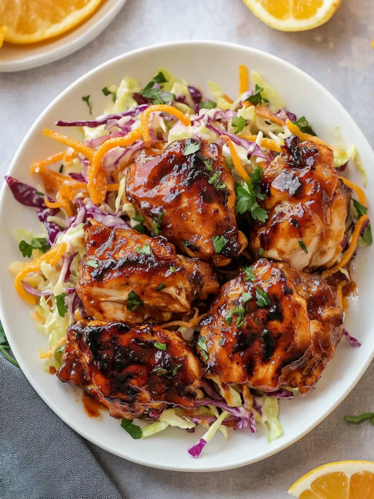 Hot Honey BBQ Chicken Thighs with Citrus Slaw Salad
