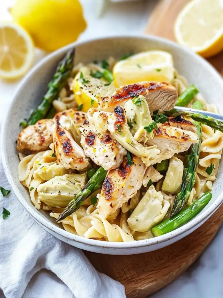 Creamy Lemon Grilled Chicken, Asparagus and Artichoke Pasta