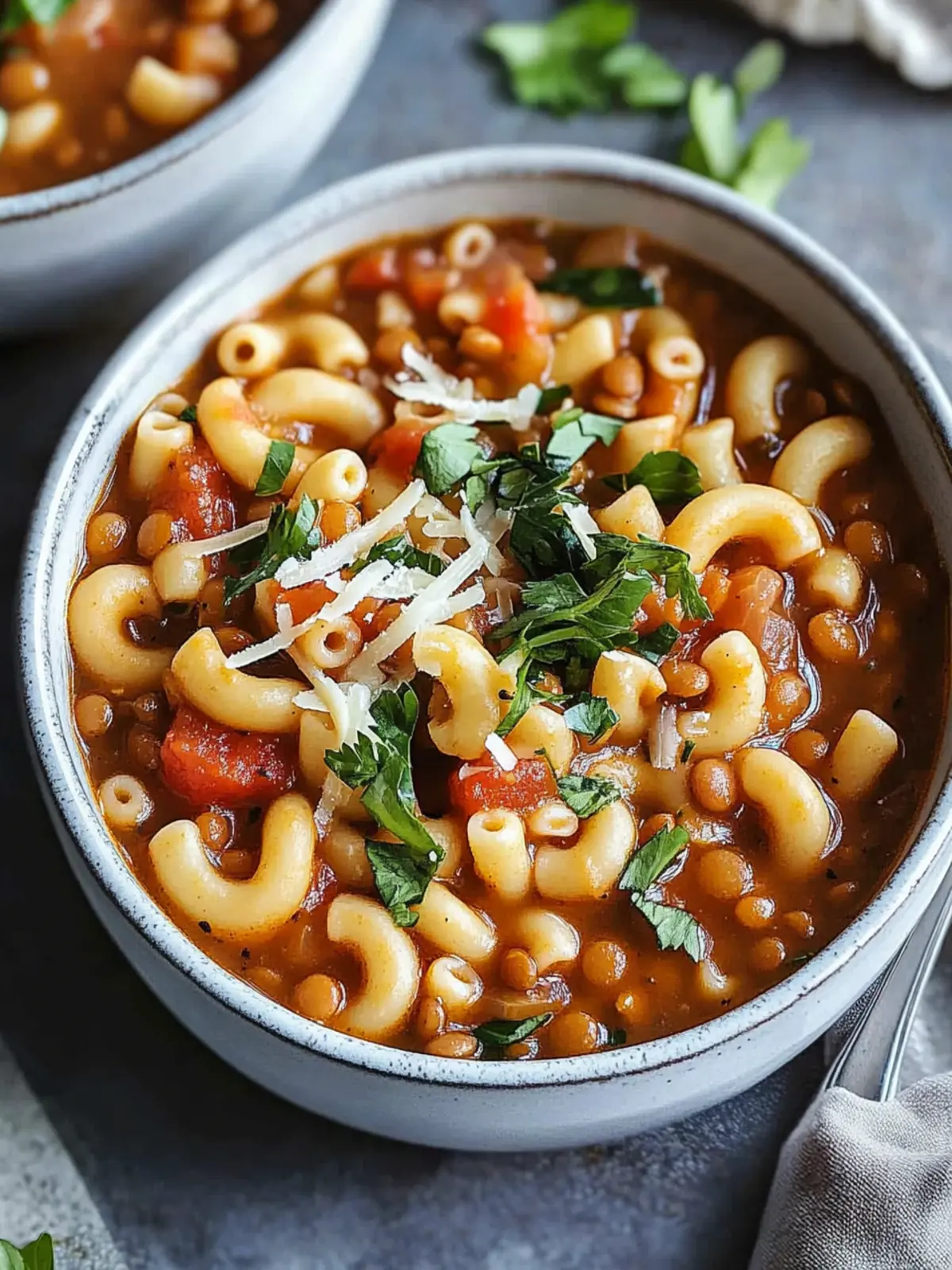 Lentil and Tomato Macaroni Soup