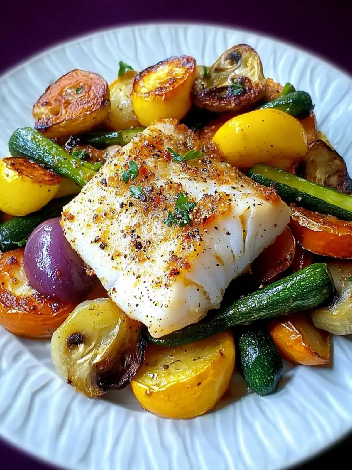 Baked Seasoned Cod Over Sauteed Veggies