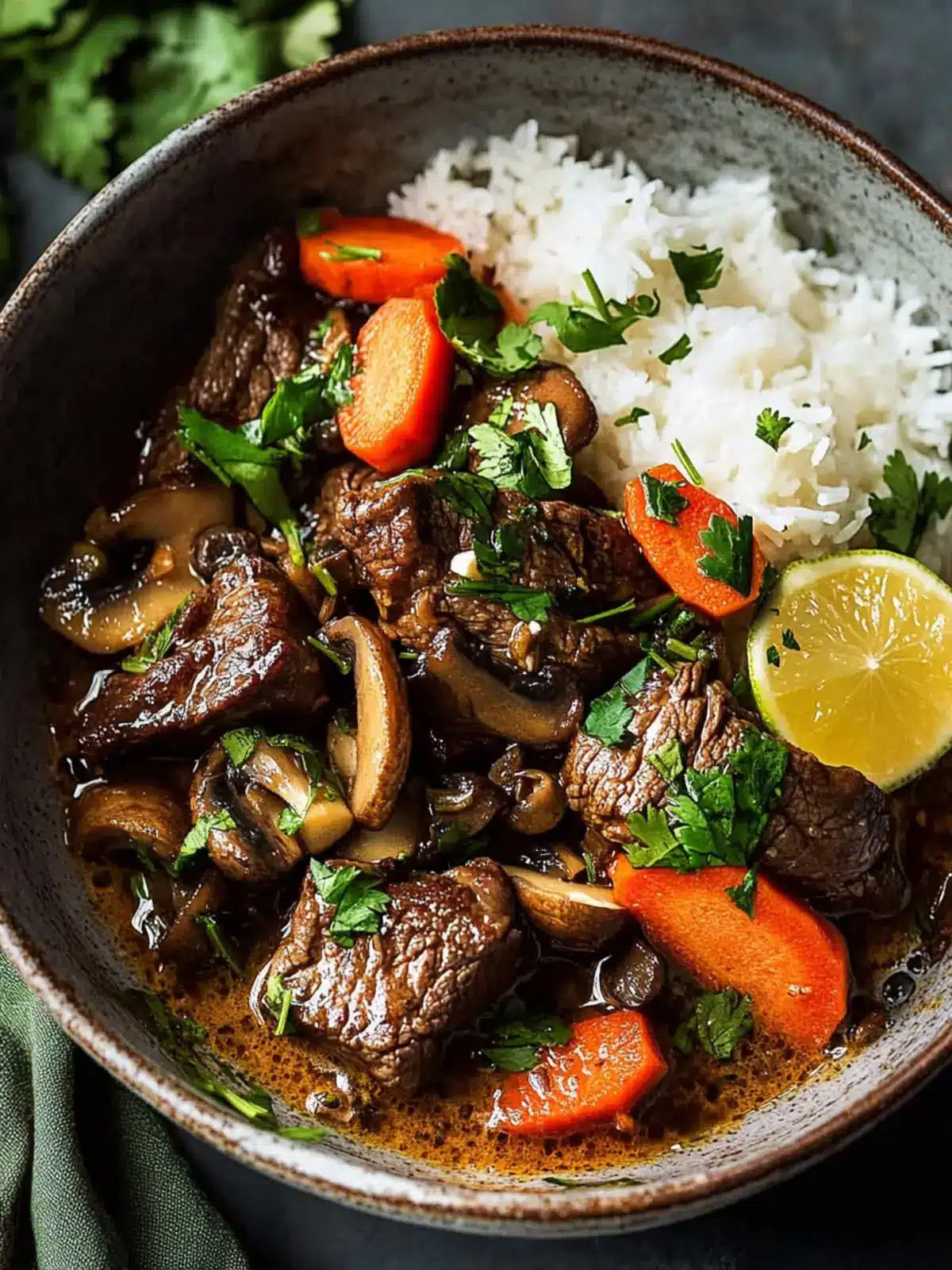 Tender Coconut Lemongrass Beef with Mushrooms and Carrots