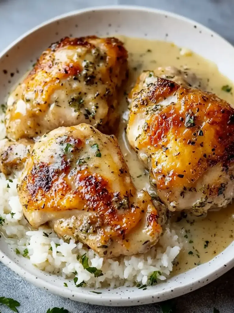 Golden Herb-Crusted Chicken Thighs in Creamy Garlic Sauce with Rice