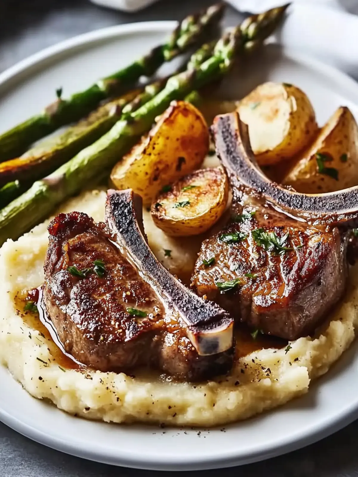 Succulent Lamb Chops with Lobster Mashed Potatoes and Roasted Asparagus