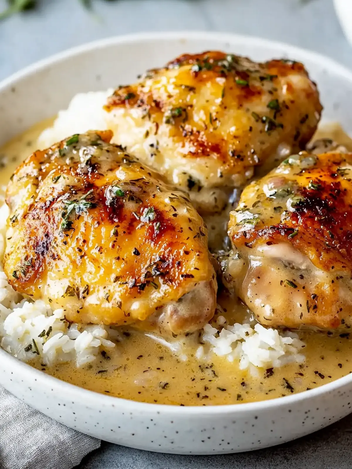 Golden Herb-Crusted Chicken Thighs in Creamy Garlic Sauce with Rice