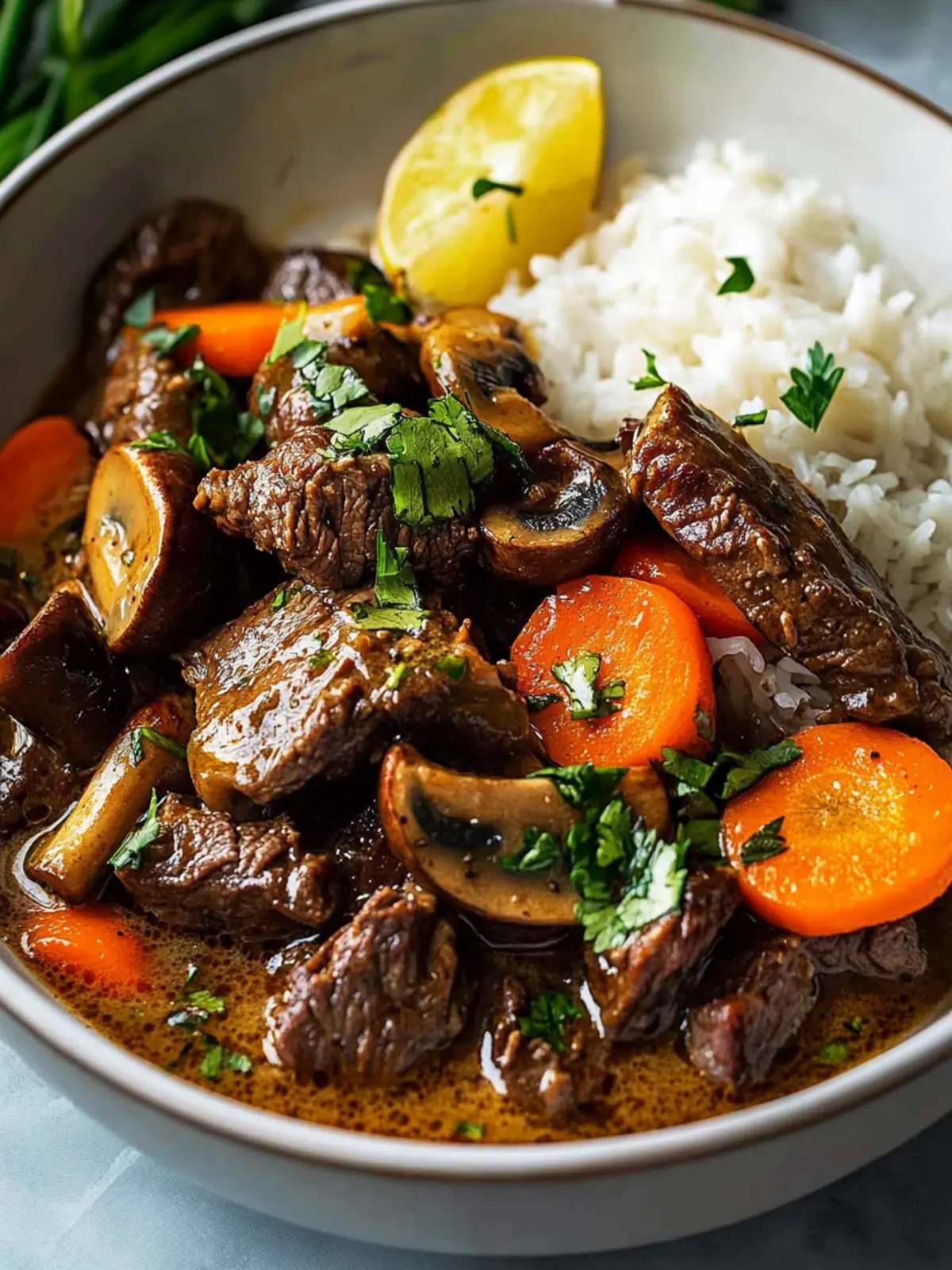 Tender Coconut Lemongrass Beef with Mushrooms and Carrots